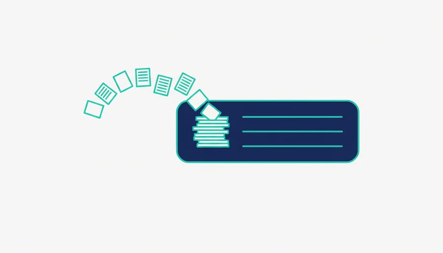 Illustration: a curved stream of small document sheets arriving and stacking inside a wide navy panel divided into list rows.