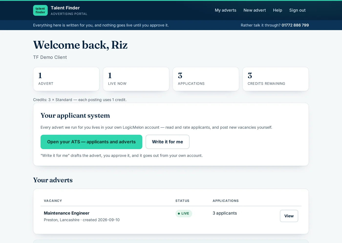 Screenshot: the advertising dashboard of a demonstration account, showing one live advert, the applications recorded against it and the credits left on the account.