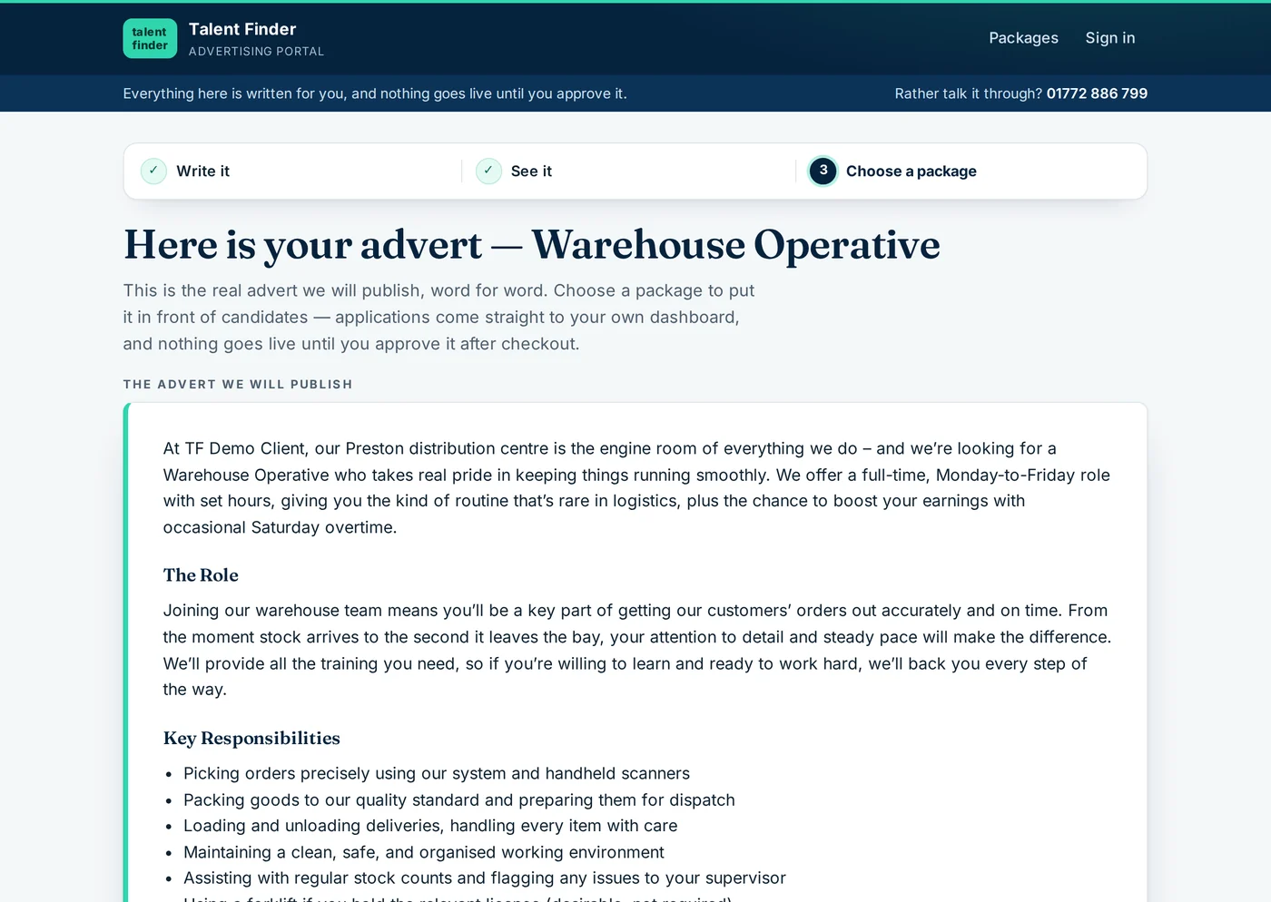 Screenshot: the advert builder in our own portal, with a finished warehouse advert on screen above the package choices, before anything has been paid for.